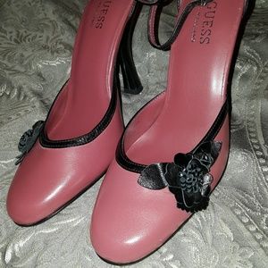 Pink and black Guess heels with flower detail